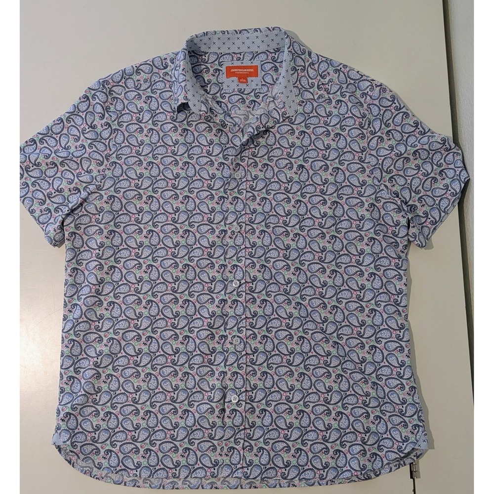 Johnston & Murphy Performance Mens Large Paisley & Skull Shirt Short Sleeve Blue